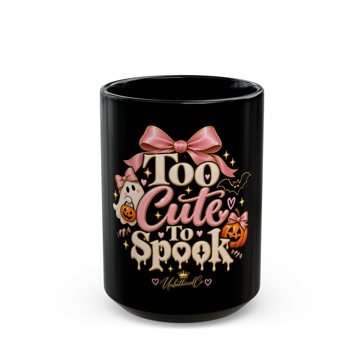 Too Cute to Spook Black Mug — Ghost & Pumpkin Coffee Cup (15oz) product image