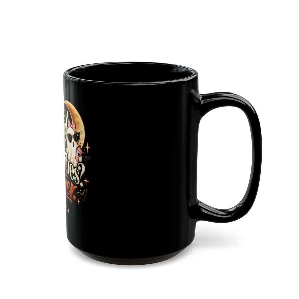 Halloween Skull Mug — "Haunted by Bad Vibes? Never" Black Coffee Cup (11oz/15oz) product image