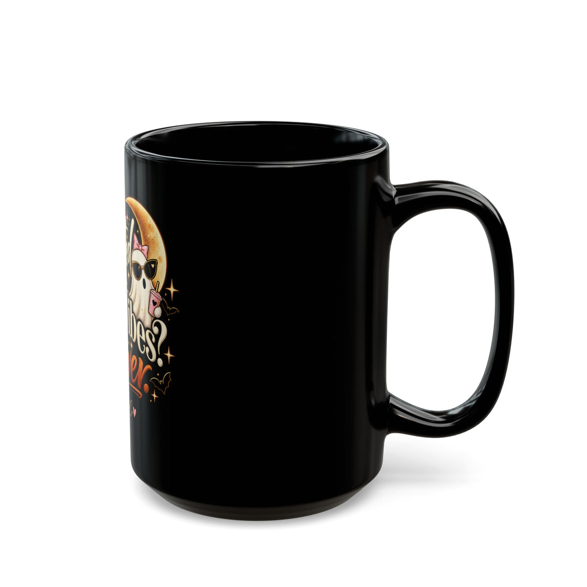 Halloween Skull Mug — "Haunted by Bad Vibes? Never" Black Coffee Cup (11oz/15oz) product image