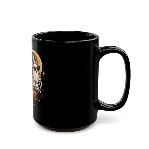 Halloween Skull Mug — "Haunted by Bad Vibes? Never" Black Coffee Cup (11oz/15oz) product image