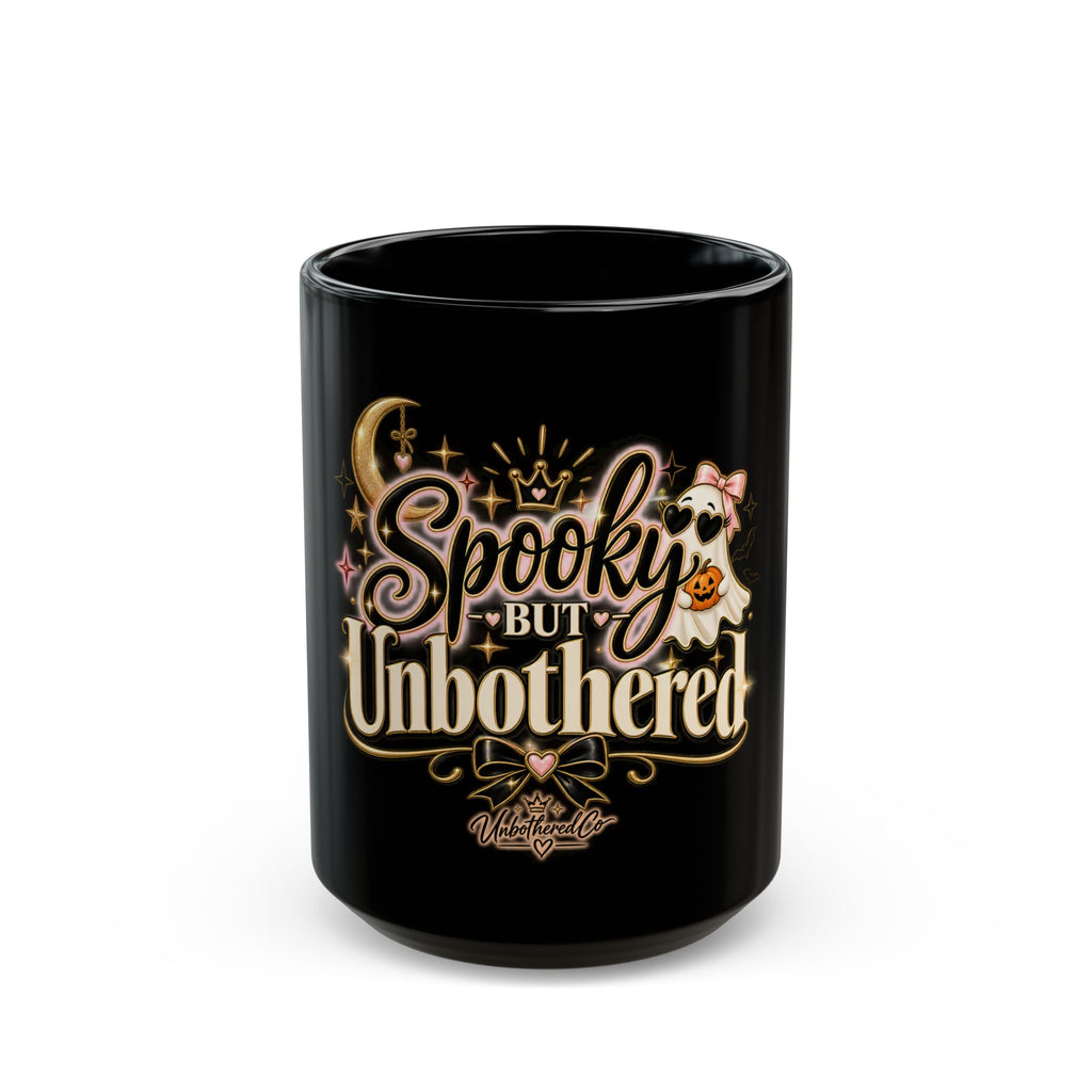 Spooky But Unbothered Black Mug — Halloween Cute Ghost Coffee Cup (11oz/15oz) product image