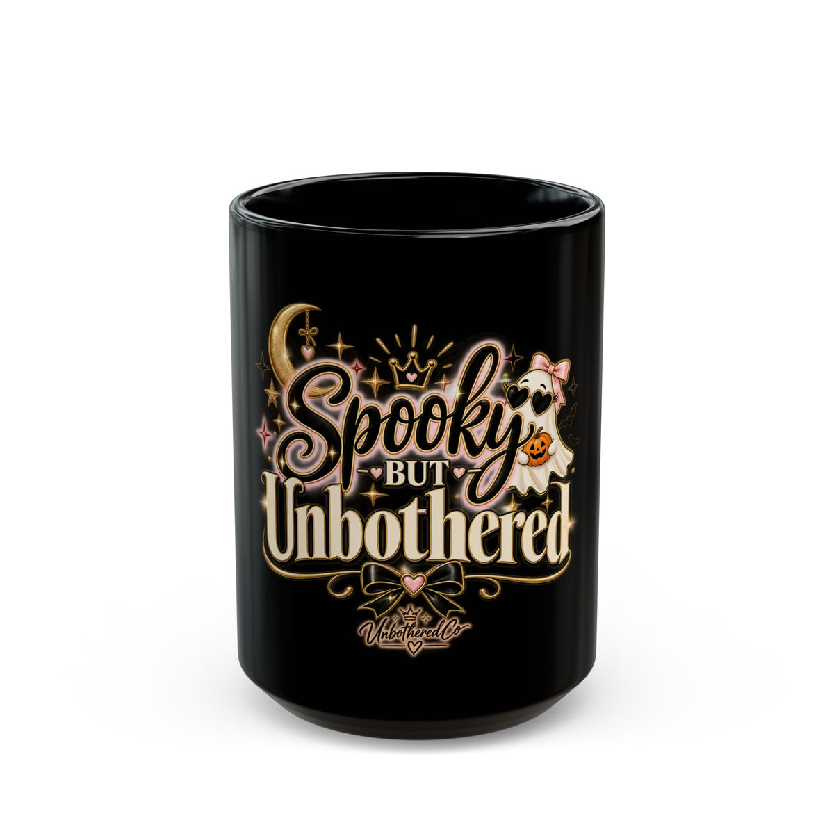 Spooky But Unbothered Black Mug — Halloween Cute Ghost Coffee Cup (11oz/15oz) product image