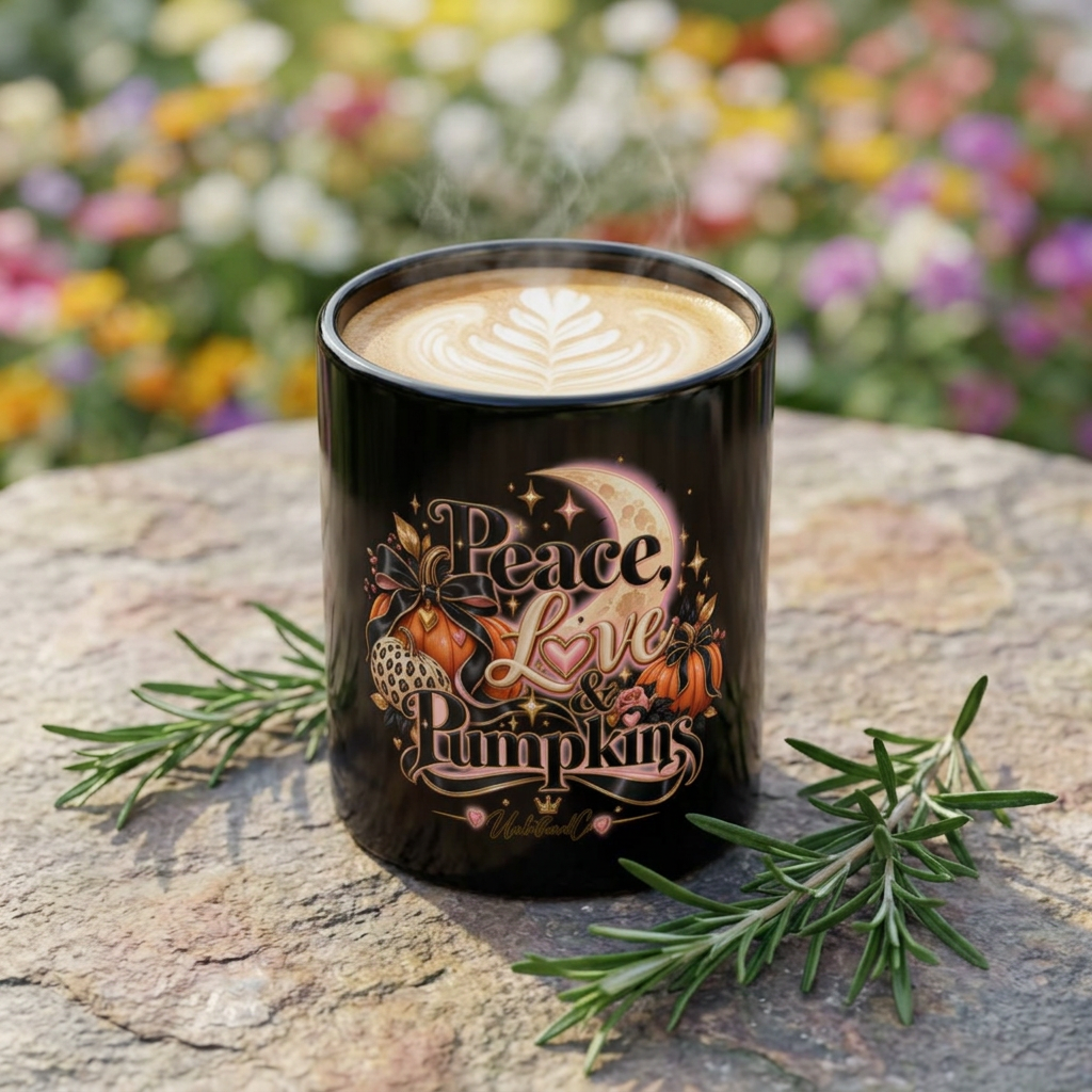 Peace, Love & Pumpkins Black Coffee Mug — Fall Halloween Autumn Decor (11oz/15oz) product image