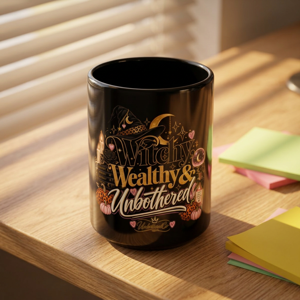 Witchy, Wealthy & Unbothered Black Coffee Mug — Halloween Witch Lover Gift (11oz/15oz) product image