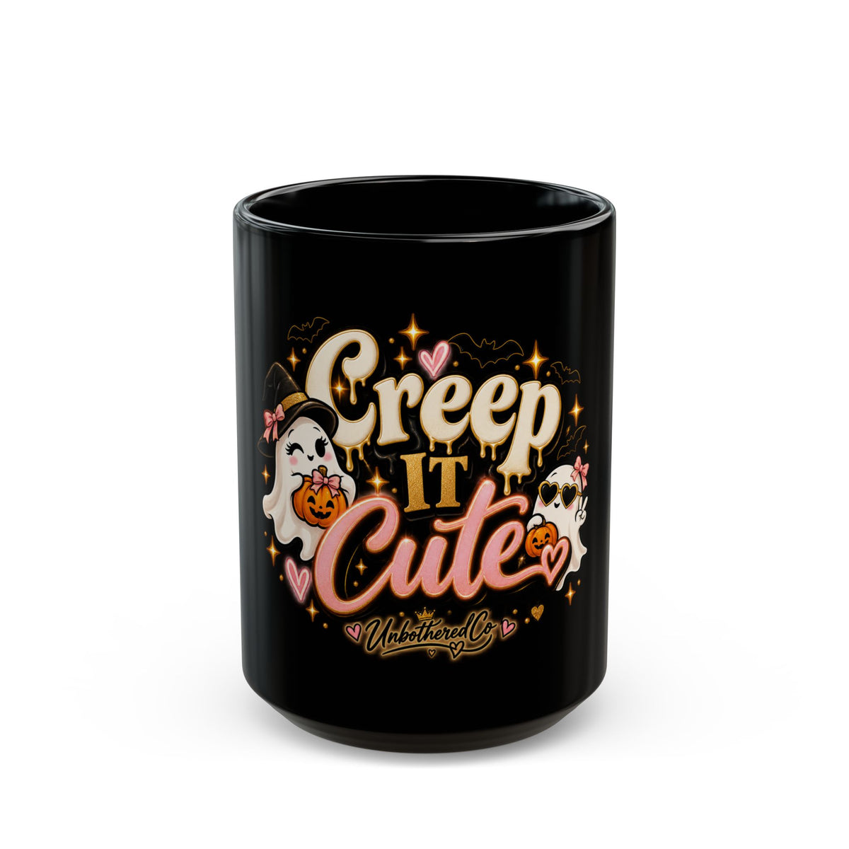 Creep It Cute Black Mug — Halloween Ghost & Pumpkin Cup (15oz) product image