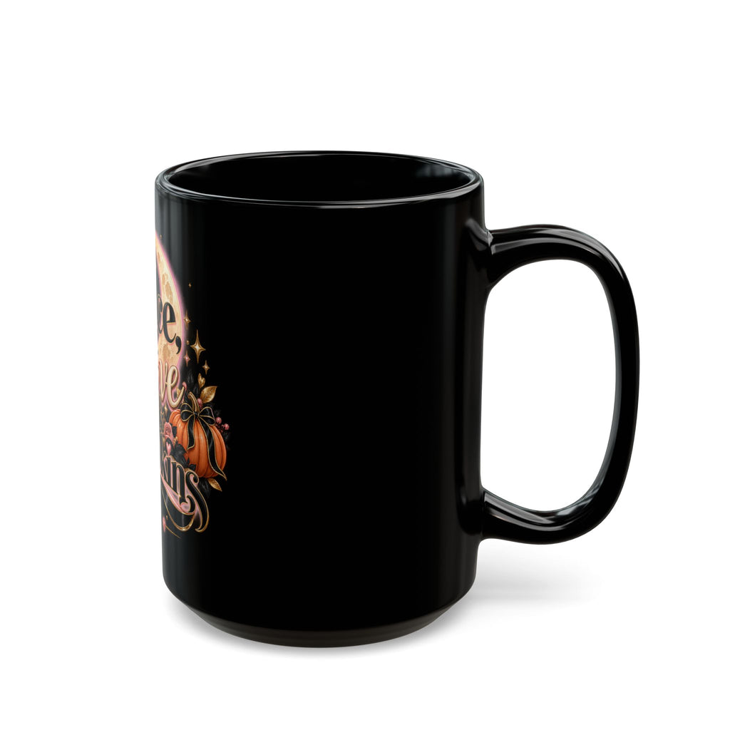 Peace, Love & Pumpkins Black Coffee Mug — Fall Halloween Autumn Decor (11oz/15oz) product image