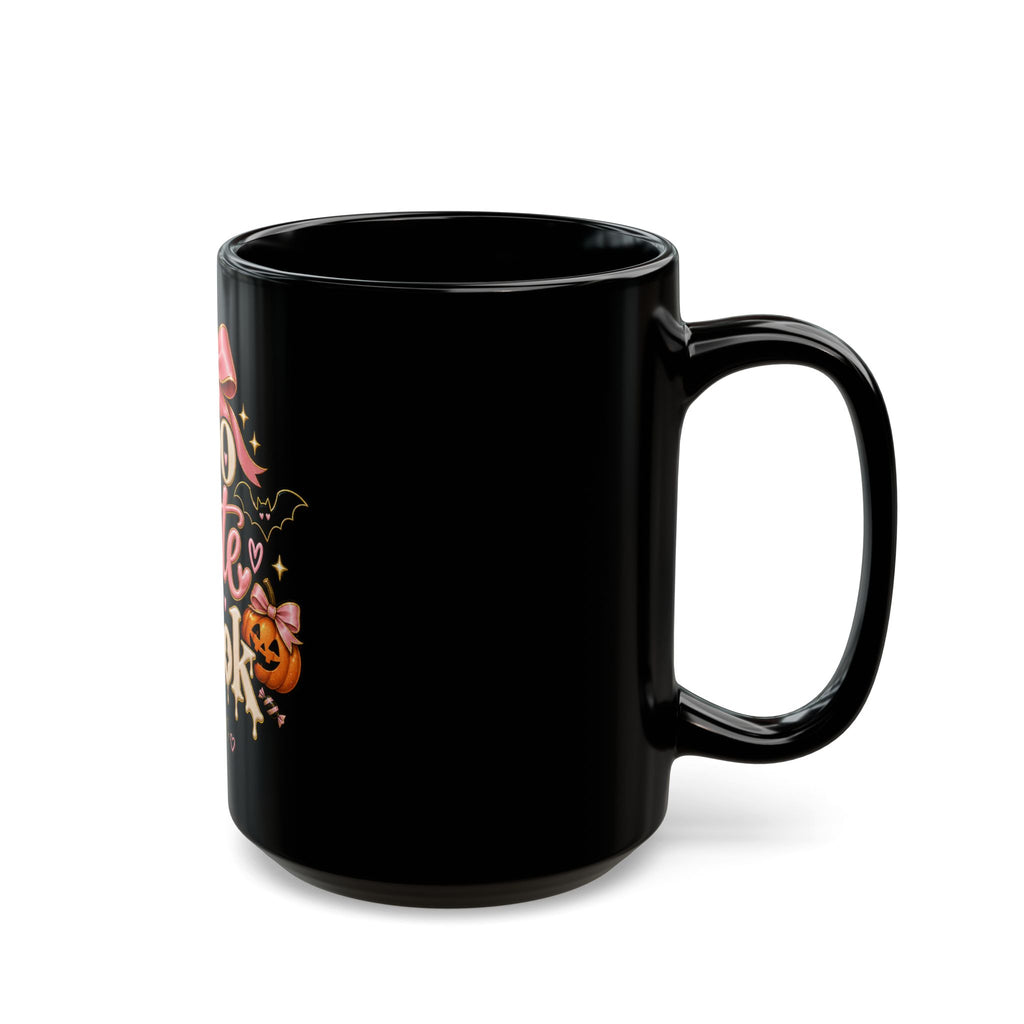 Too Cute to Spook Black Mug — Ghost & Pumpkin Coffee Cup (15oz) product image