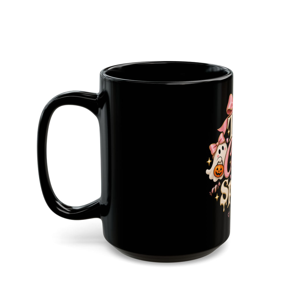 Too Cute to Spook Black Mug — Ghost & Pumpkin Coffee Cup (15oz) product image