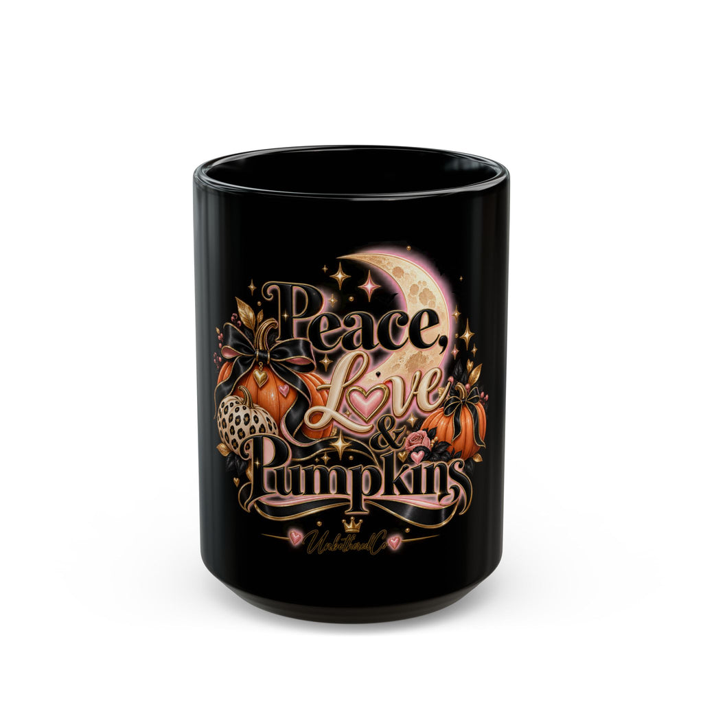 Peace, Love & Pumpkins Black Coffee Mug — Fall Halloween Autumn Decor (11oz/15oz) product image