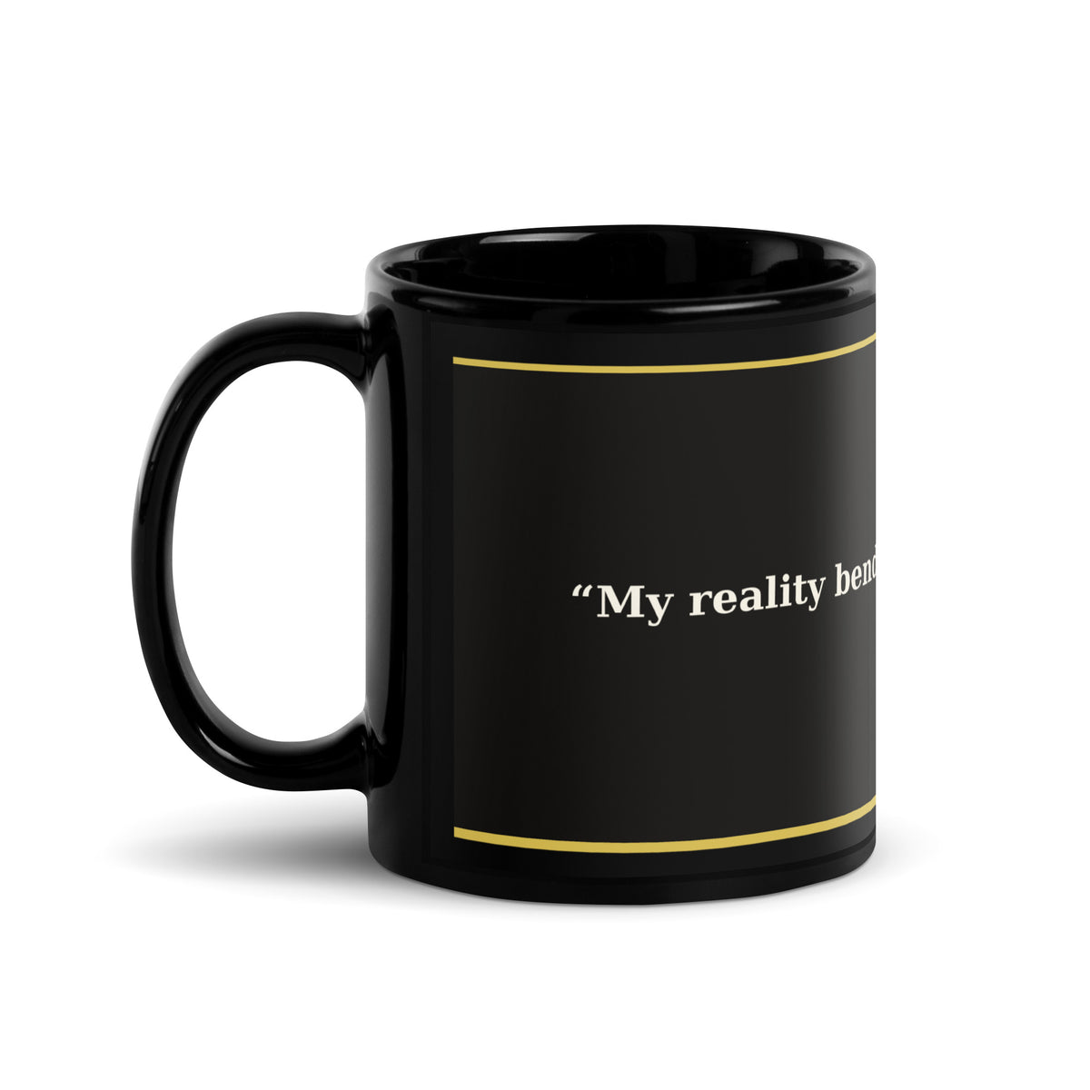Vision board affirmation mug in black ceramic with gold lettering, handle view