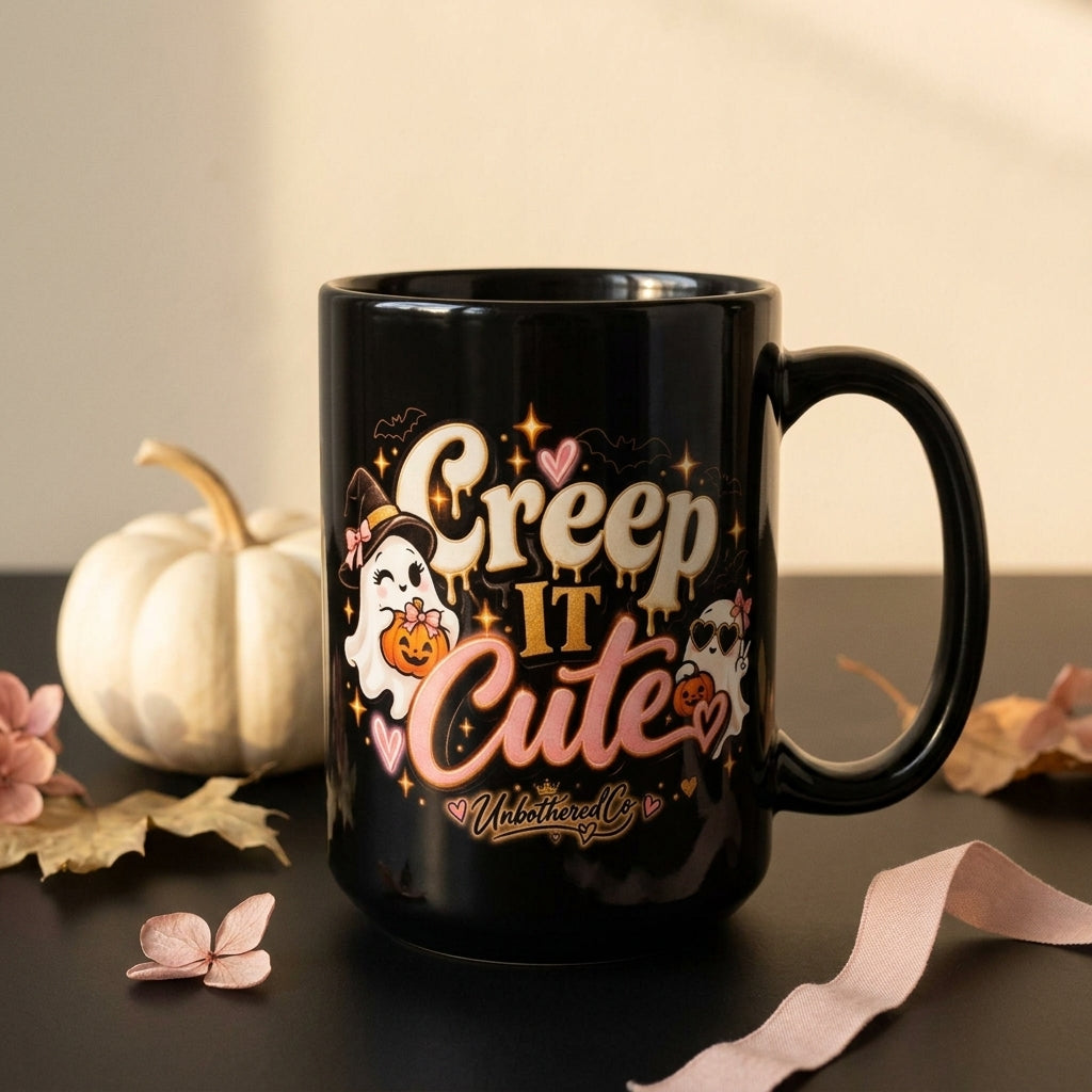 Creep It Cute Black Mug — Halloween Ghost & Pumpkin Cup (15oz) styled Halloween lifestyle mockup