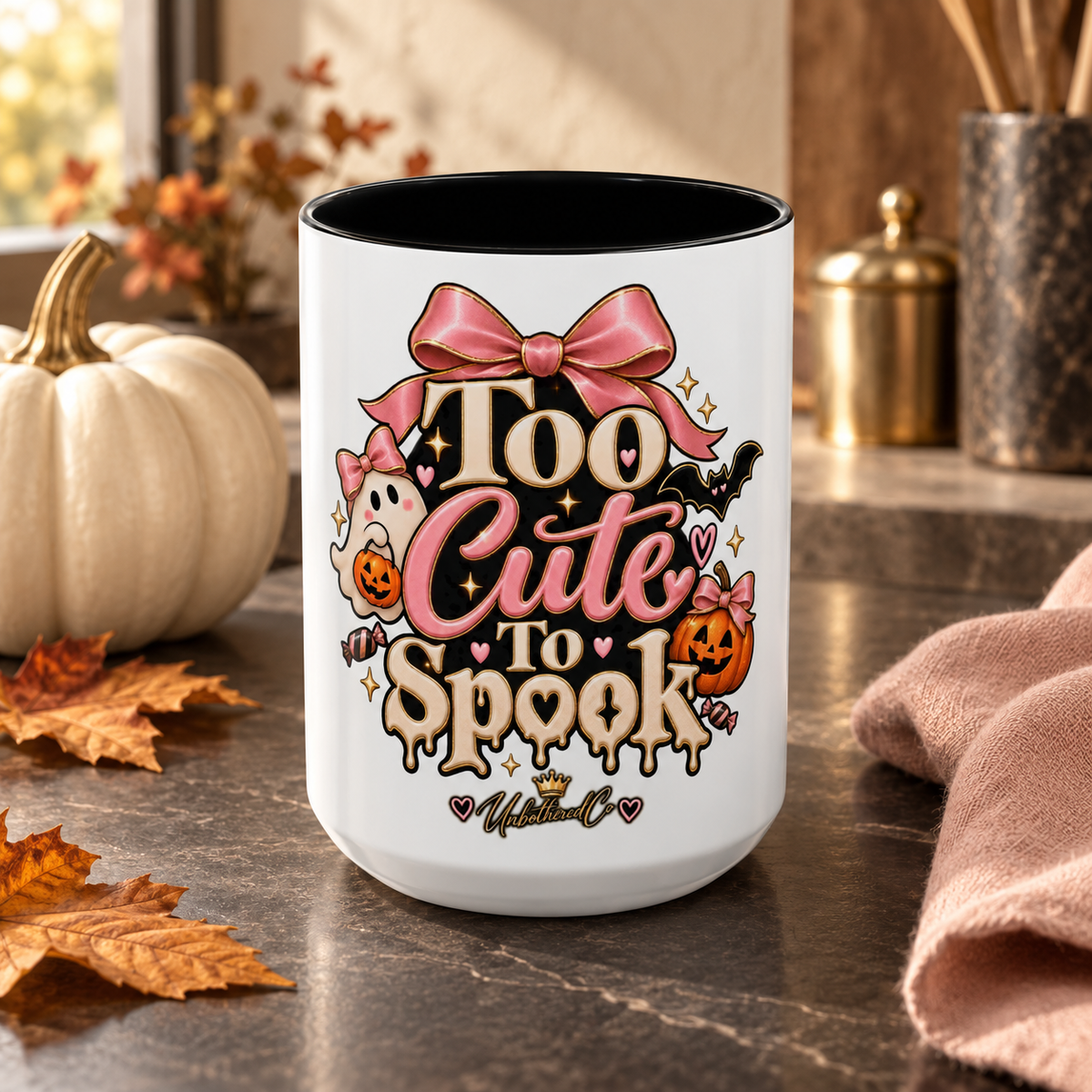 Too Cute to Spook Accent Mug — Halloween Ghost Coffee Cup (15oz) styled luxury fall lifestyle mockup