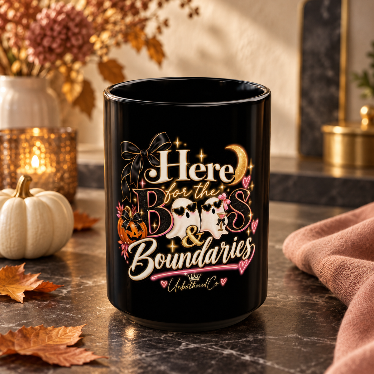 Here for the Boos & Boundaries Black Mug — Halloween Ghost Cup (15oz) styled luxury fall lifestyle mockup