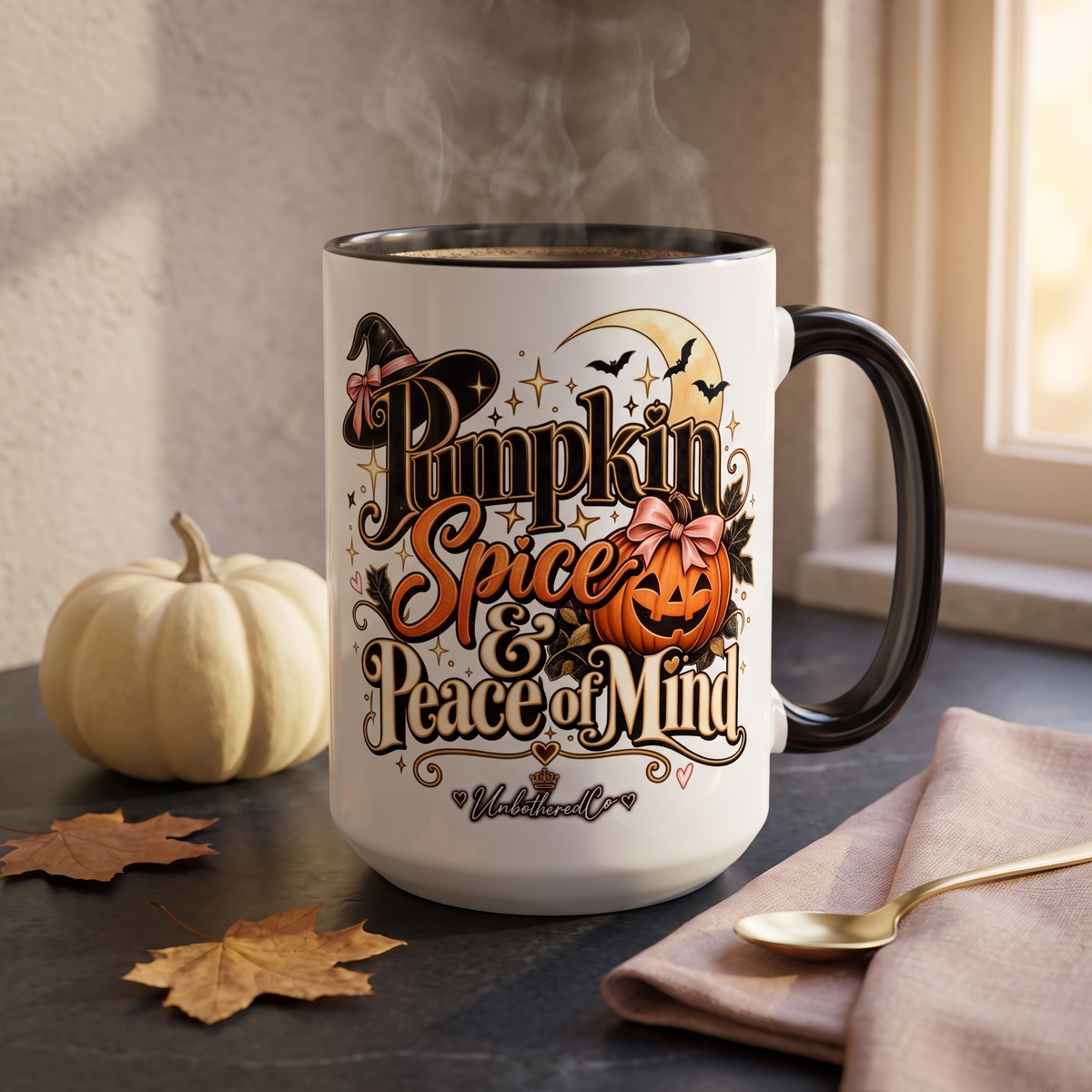 Pumpkin Spice & Peace of Mind Accent Mug — Fall Coffee Cup (15oz) styled autumn lifestyle mockup