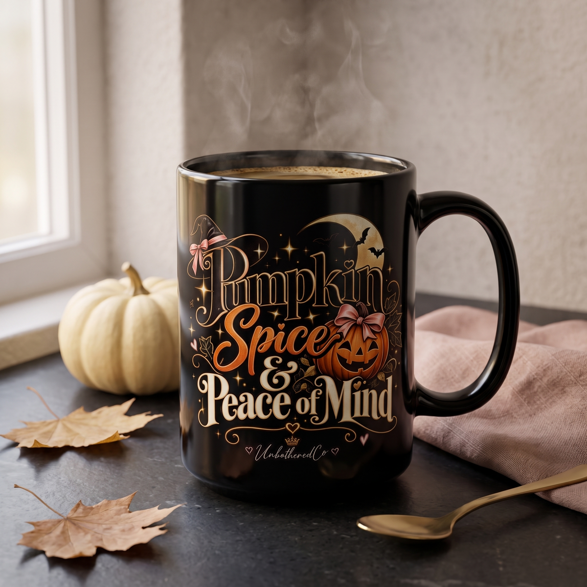 Pumpkin Spice & Peace of Mind Black Mug — Fall Coffee Cup (15oz) styled autumn lifestyle mockup