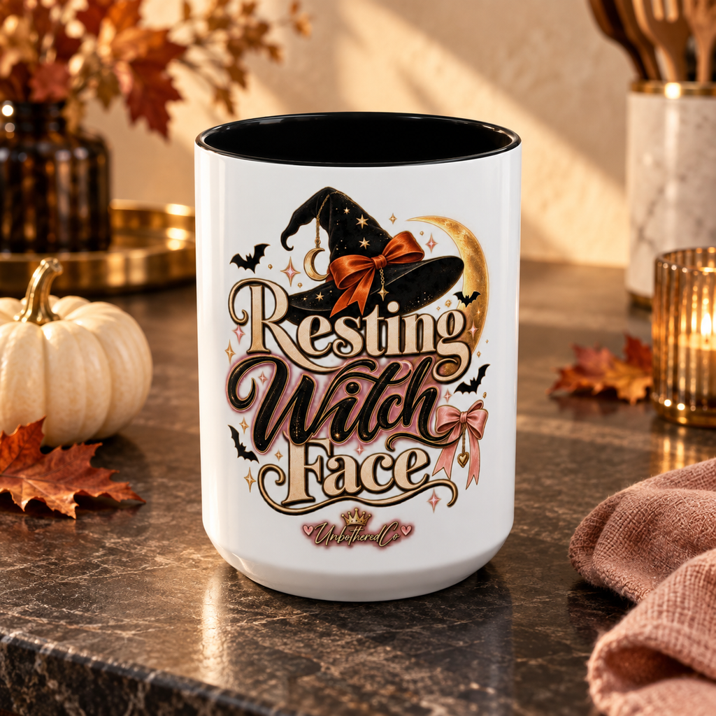 Resting Witch Face Accent Mug — Halloween Witch Coffee Cup (15oz) styled luxury fall lifestyle mockup