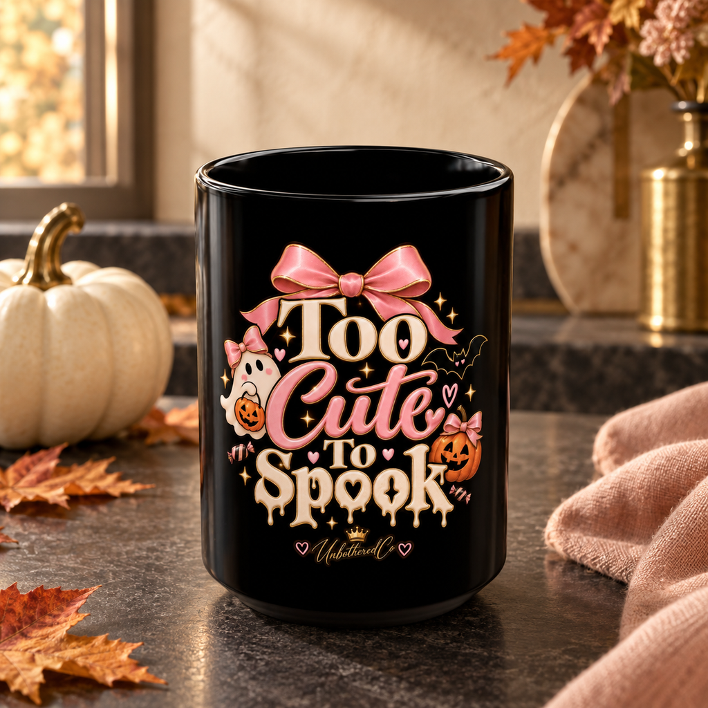 Too Cute to Spook Black Mug — Ghost & Pumpkin Coffee Cup (15oz) styled luxury fall lifestyle mockup