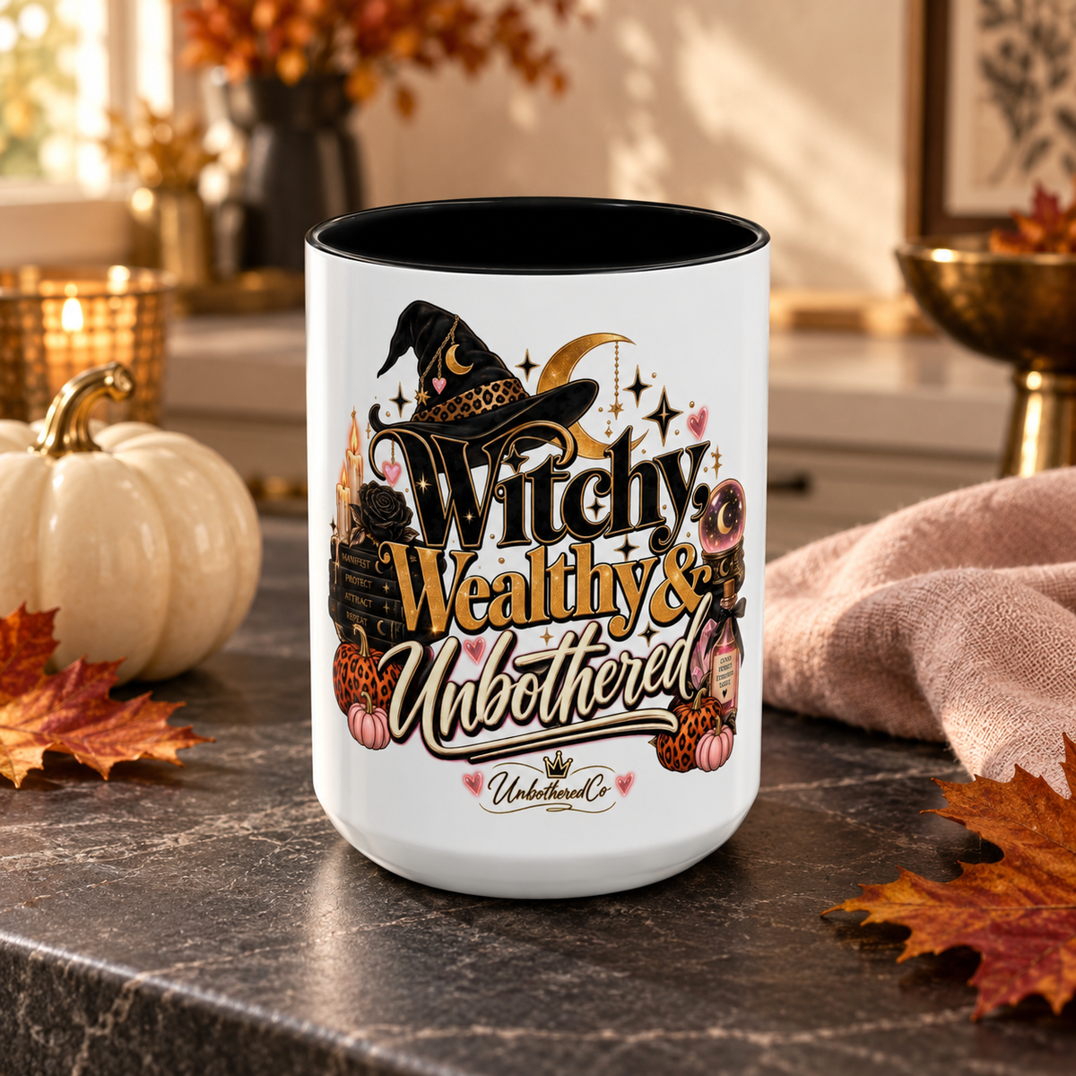 Witchy, Wealthy & Unbothered Accent Mug — Witch Coffee Cup (15oz) styled luxury fall lifestyle mockup
